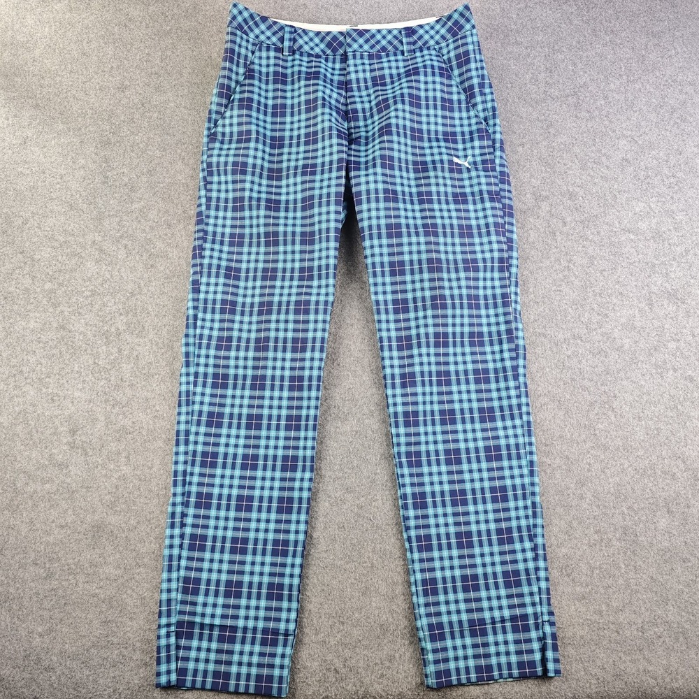 Puma Golf Pants Mens 30x32 Navy Blue Teal Plaid Flat Front 100% Polyester